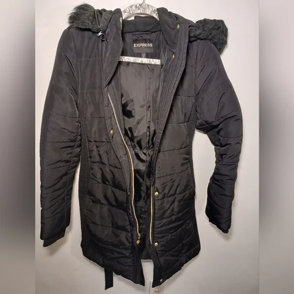 Express Hooded Black Puffer Coat with Gold Details - Picture 4 of 11